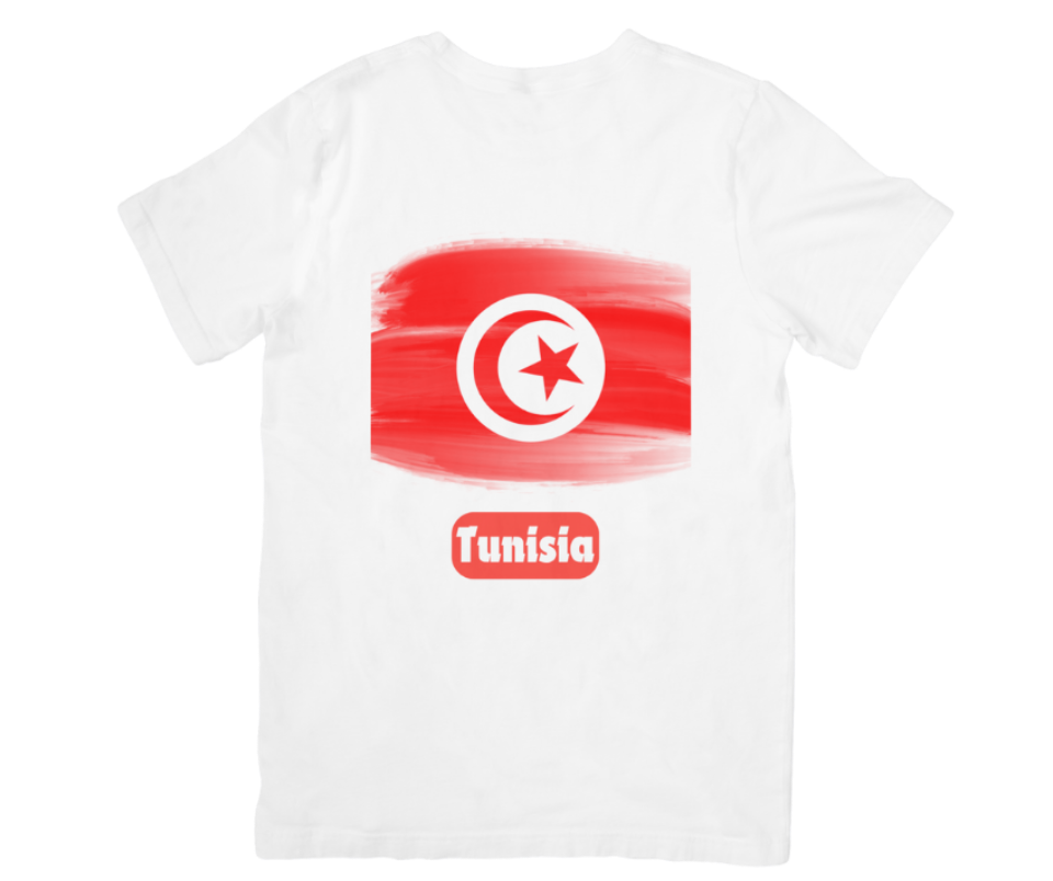 White t-shirt with red and blue graphic design on a white background