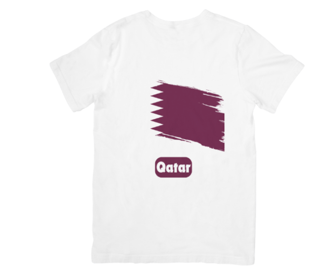 White t-shirt with a purple graphic and 'Qatar' text on a white background
