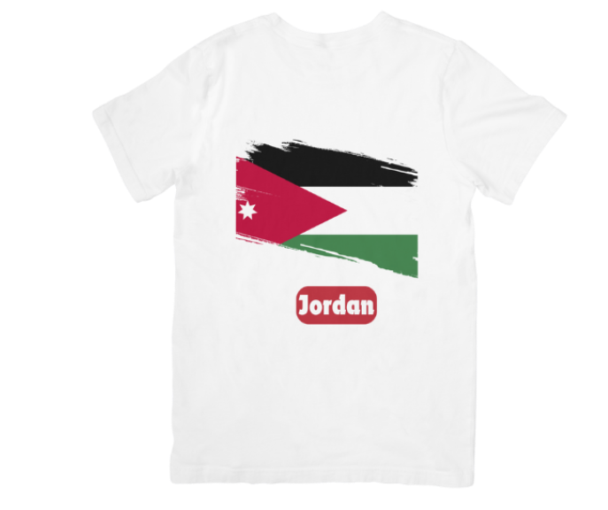 White t-shirt with Jordan flag design on a white background