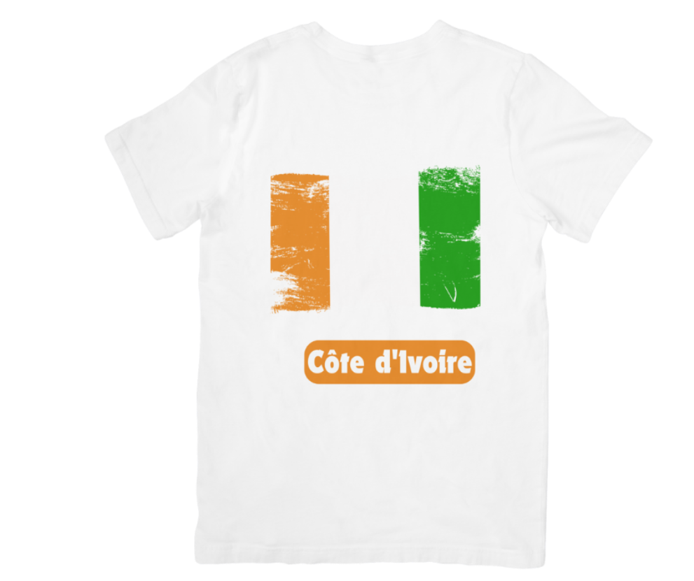 White t-shirt with Céte d'Ivoire design on a white background