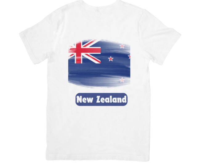 White t-shirt with New Zealand flag design on a white background
