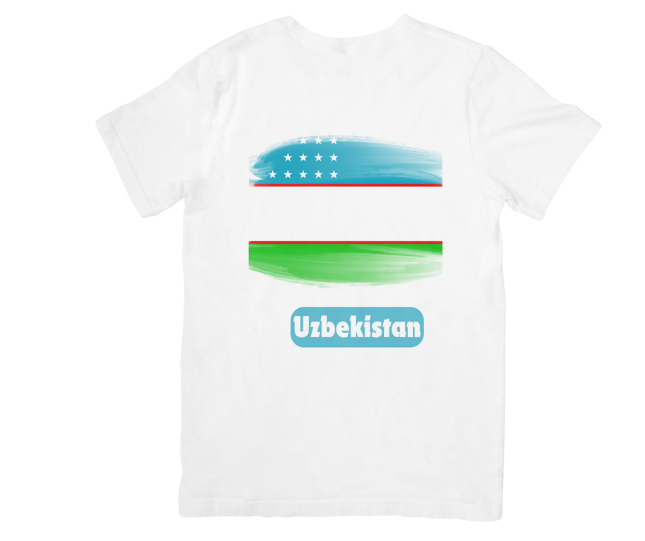 White t-shirt with Uzbekistan flag design on a white background