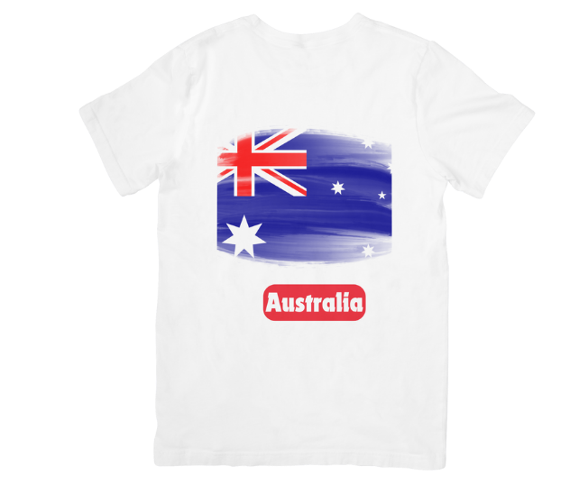 White t-shirt with Australian flag design and 'Australia' text on a white background