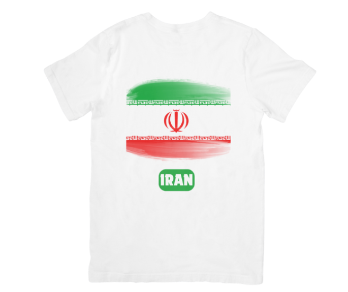 White t-shirt with Iran flag design on a white background
