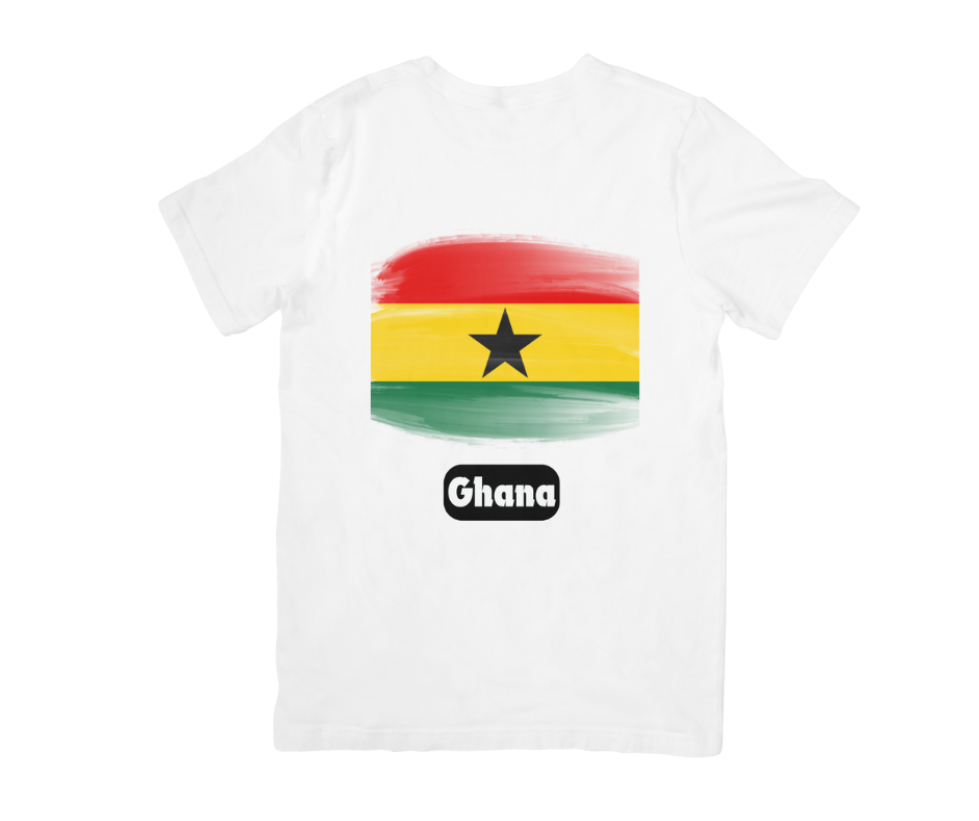 White t-shirt with Ghana flag design on a white background